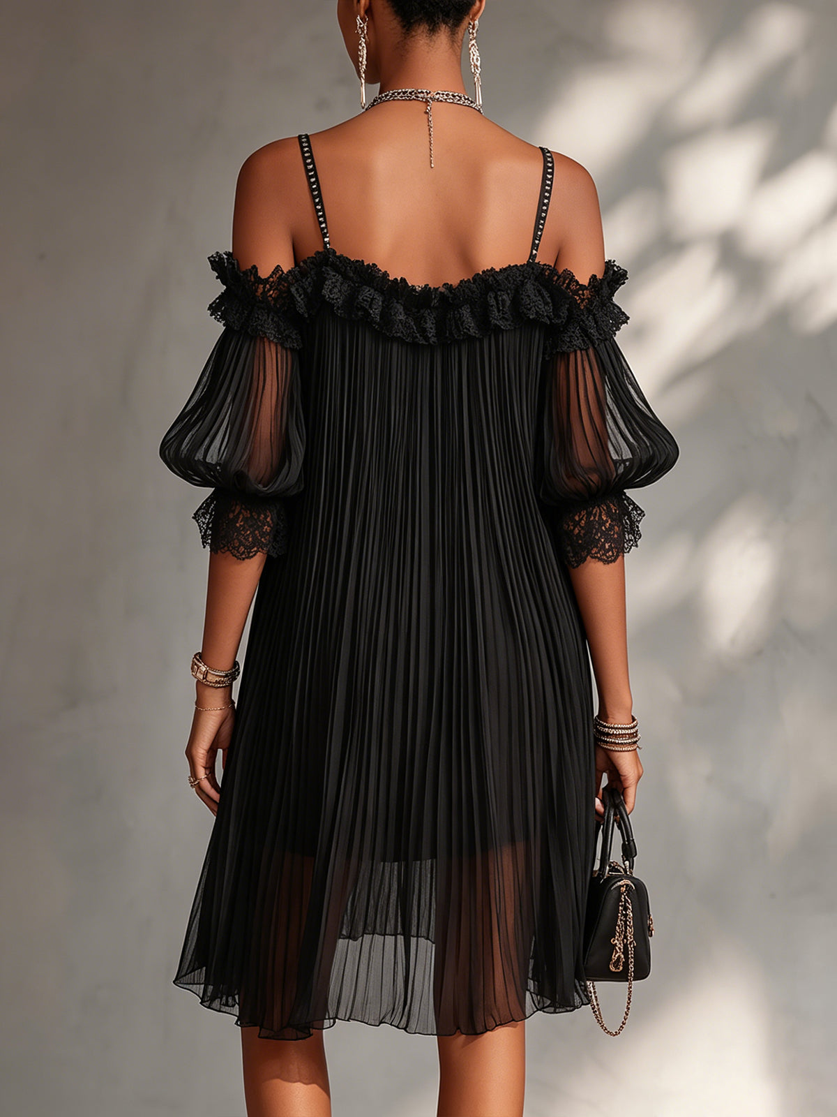 Vittoria Black Off-Shoulder Chiffon Mini Dress with Lace Trim