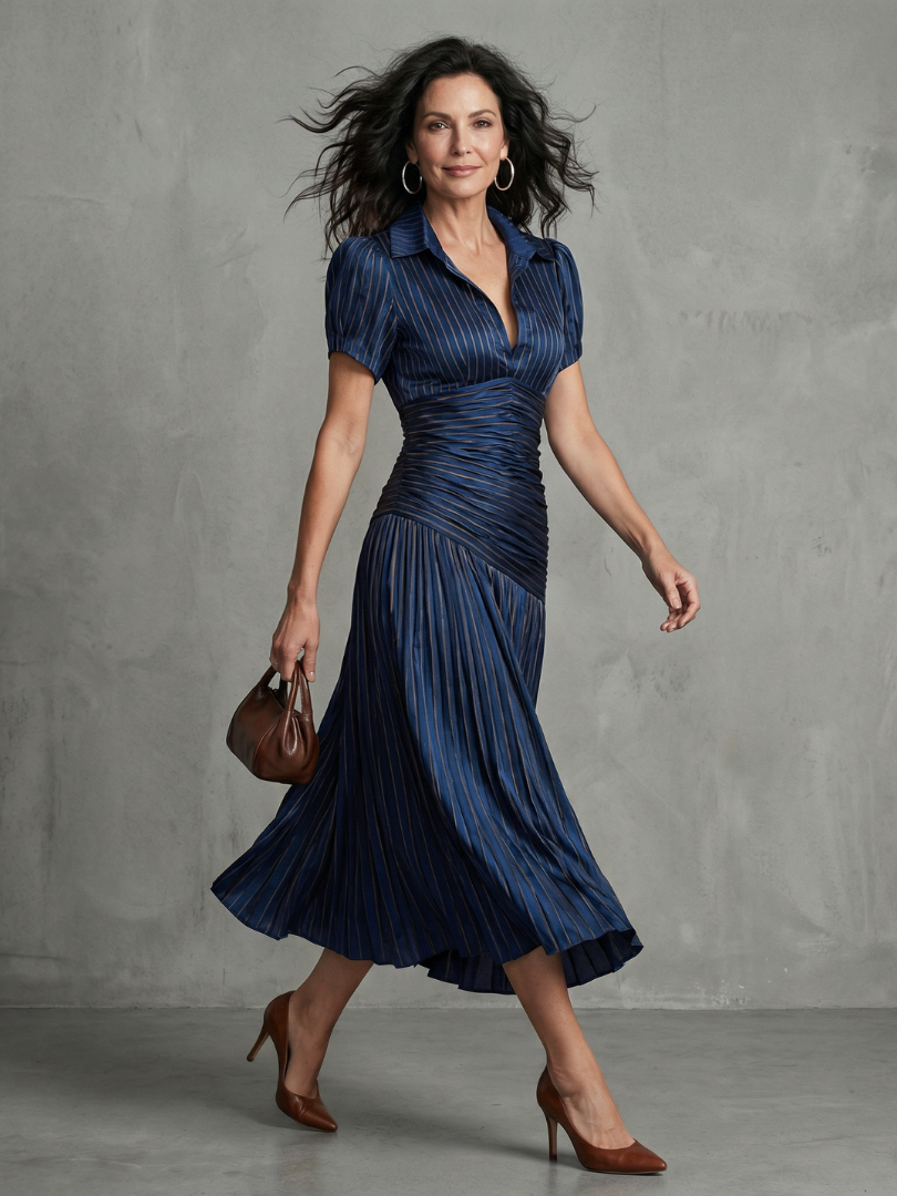 Cordelia | Pleated Waistline Stripe Midi Dress
