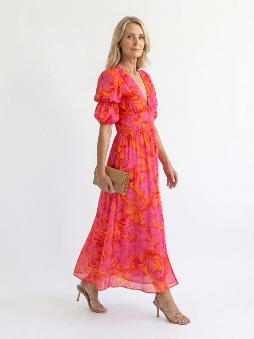 Fiona | Floral V Neck Puff Sleeve Midi Dress