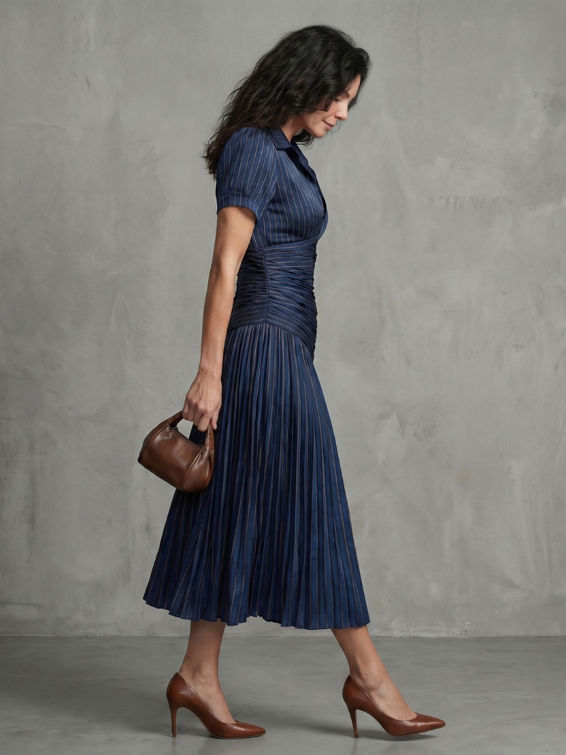 Eloise | Pleated Waistline Stripe Midi Dress