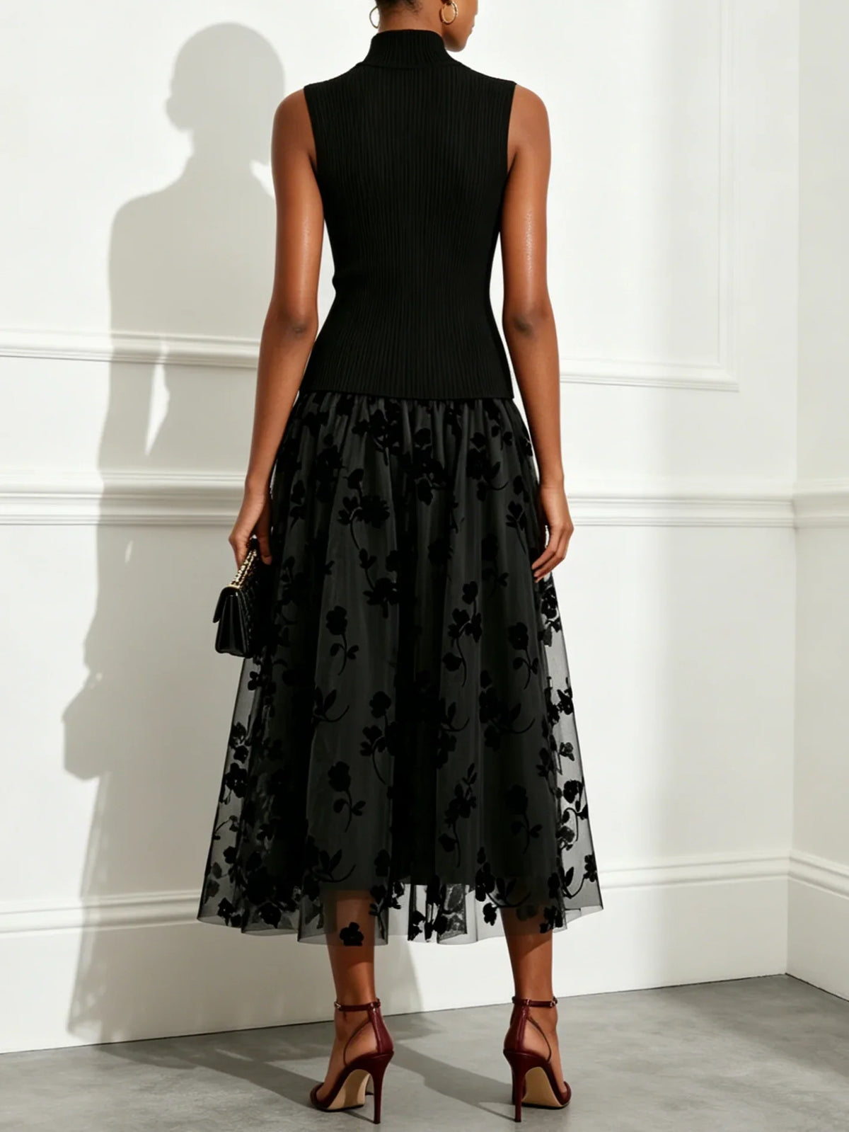Addie | Flocked Knit High Neck Drop-Waist Sleeveless A-Line Maxi Dress
