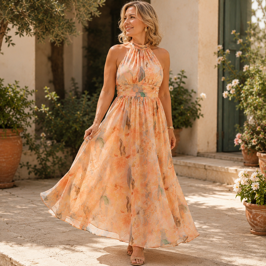 Iselle | Aurora Halter Neck Watercolor Print Dress