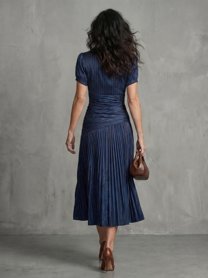 Eloise | Pleated Waistline Stripe Midi Dress