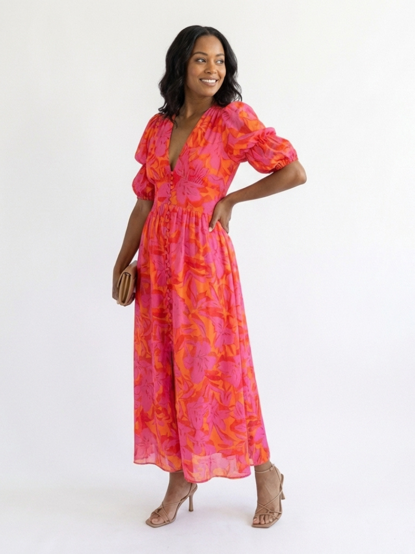 Fiona | Floral V Neck Puff Sleeve Midi Dress