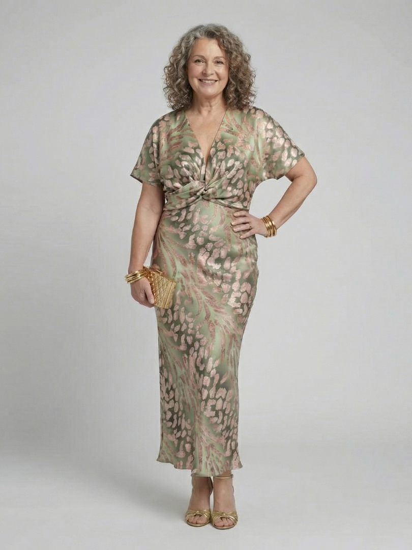 Beatrix | Abstract Print V Neck Twist Waist Midi Dress