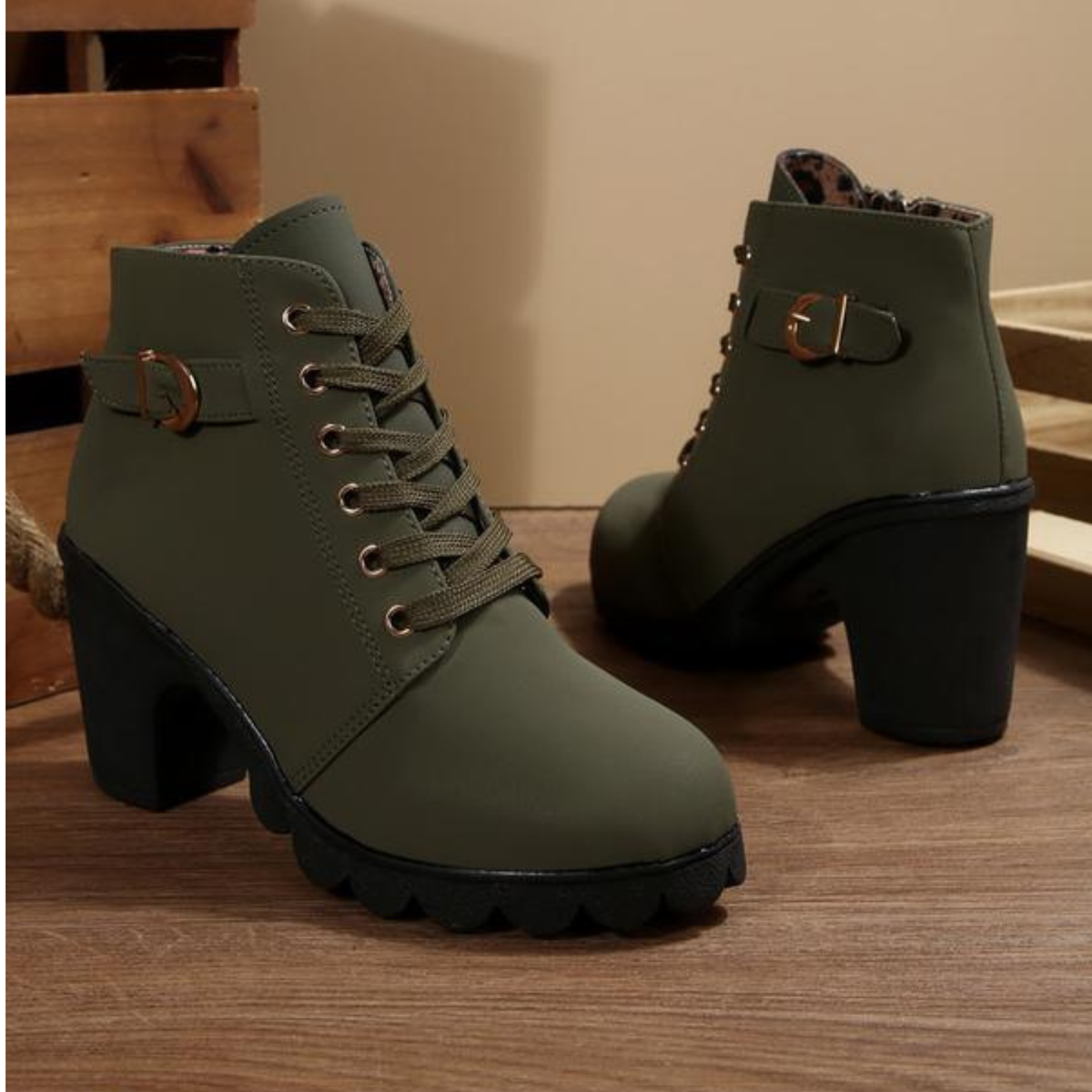 Katya – Chic Lace-Up Metal Buckle Ankle Boots