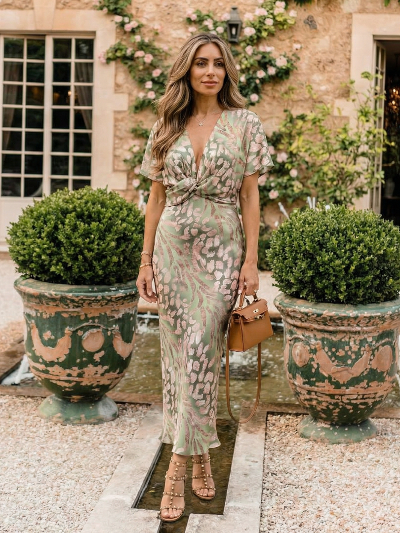 Beatrix | Abstract Print V Neck Twist Waist Midi Dress