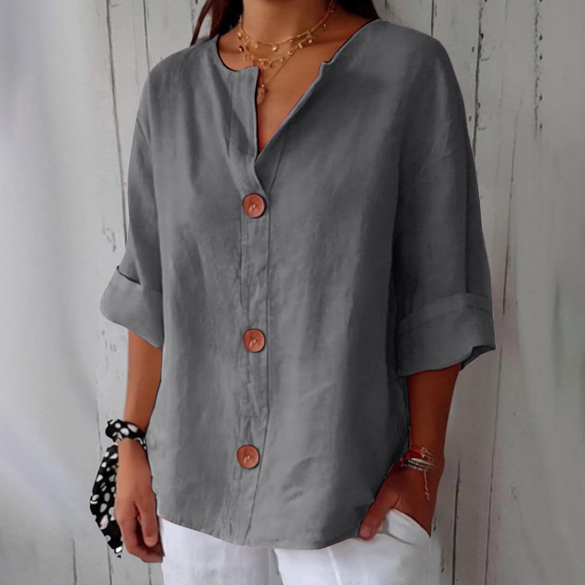 Maira – Cotton-Linen V-Neck Shirt with Wooden Buttons