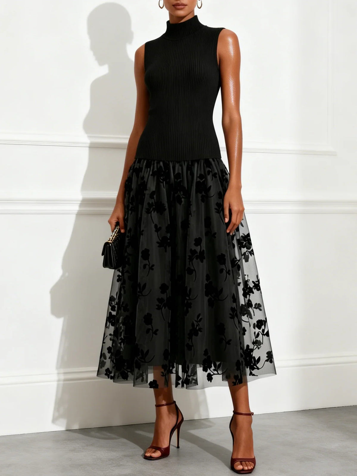 Addie | Flocked Knit High Neck Drop-Waist Sleeveless A-Line Maxi Dress