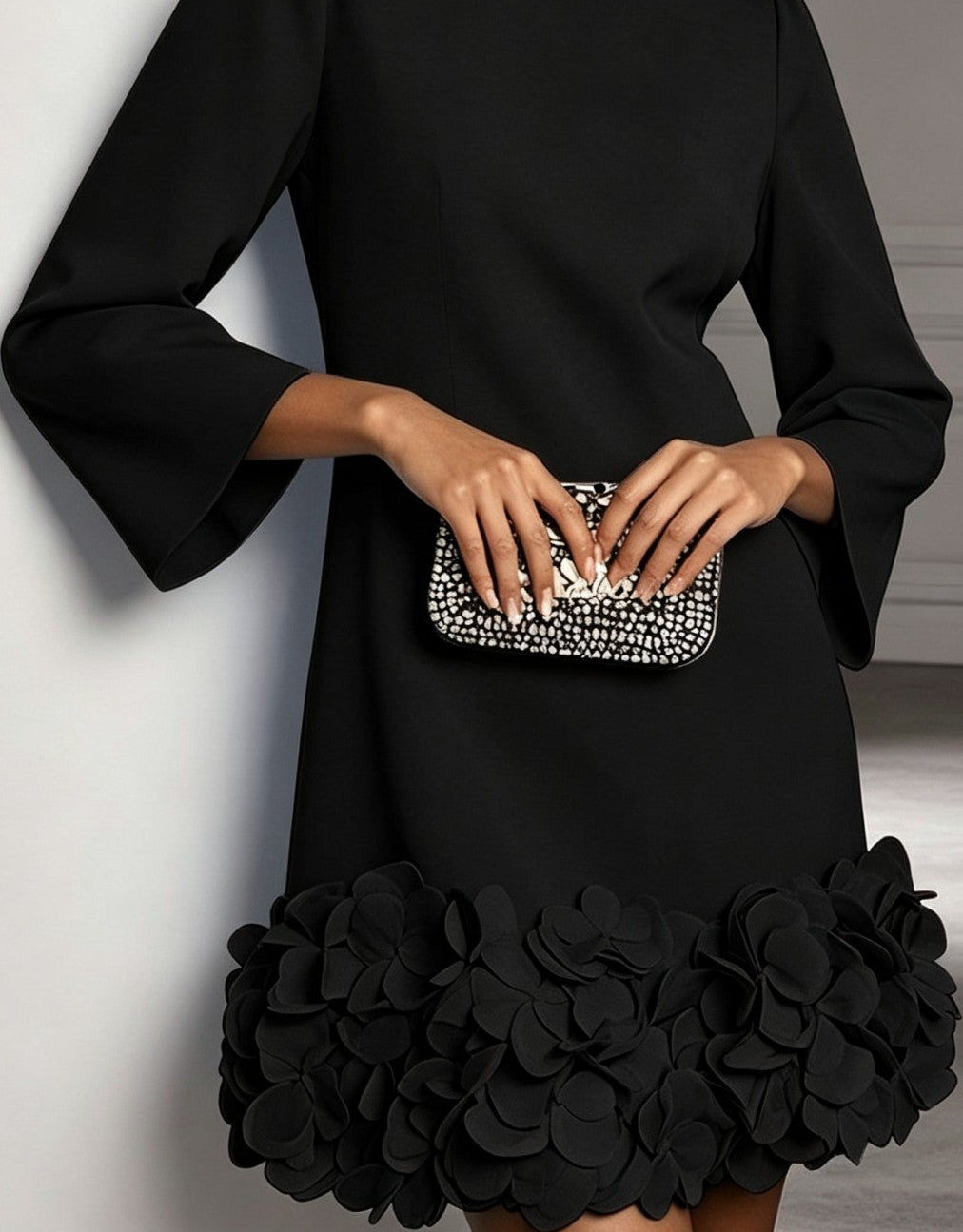 Amara Shift Mini Dress with 3D Floral Hem