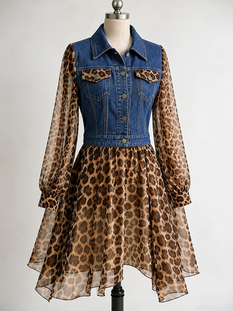 Milan Denim Bodice Leopard Dress