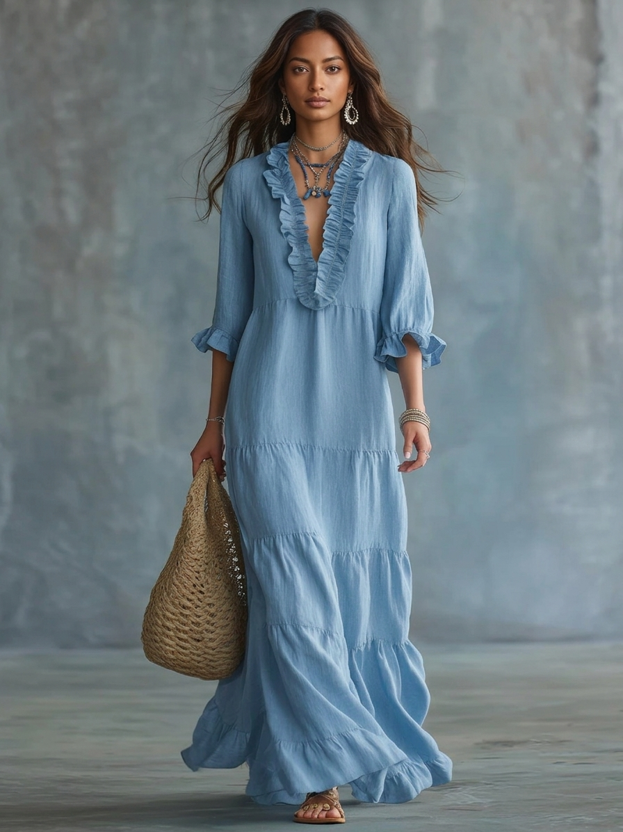 Anita | Sky Blue Boho Maxi Dress with V-Neck and Ruffles