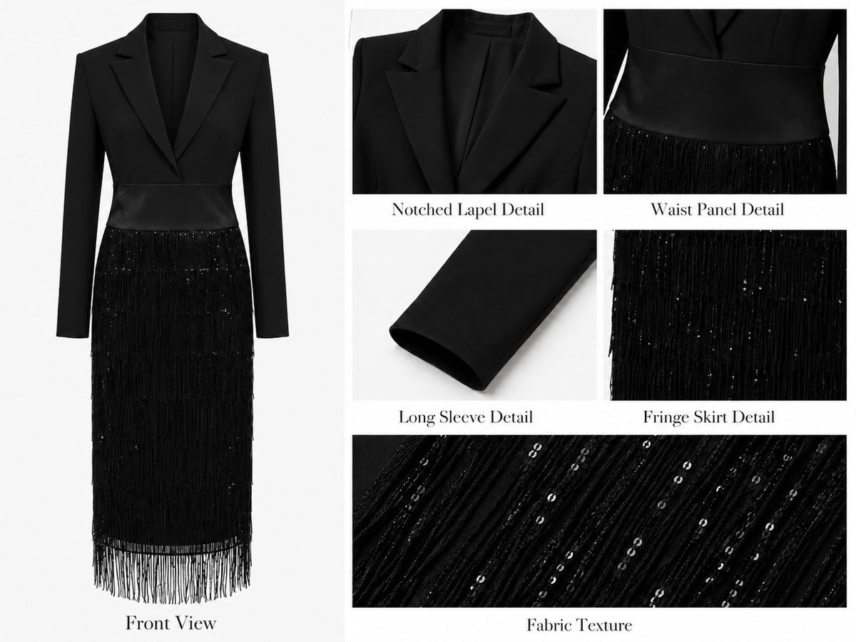Ava | Black Blazer-Style Midi Dress with Sequin Fringe