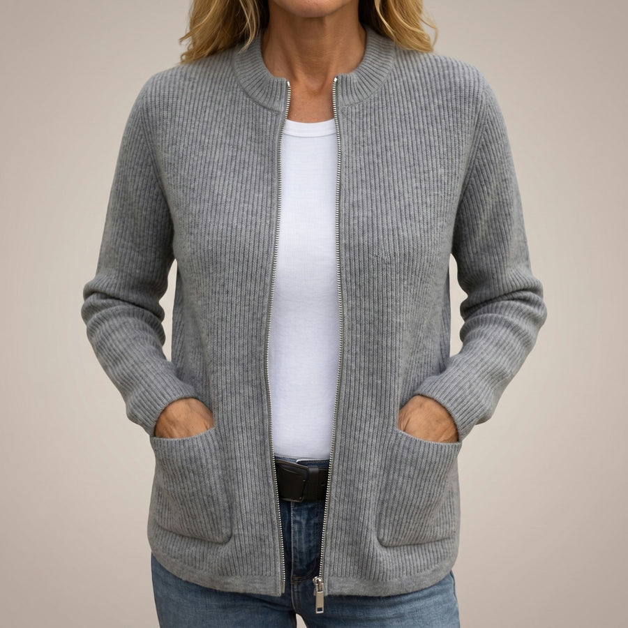 Anneke Ribbed Zip-Up Cardigan with Deep Pockets