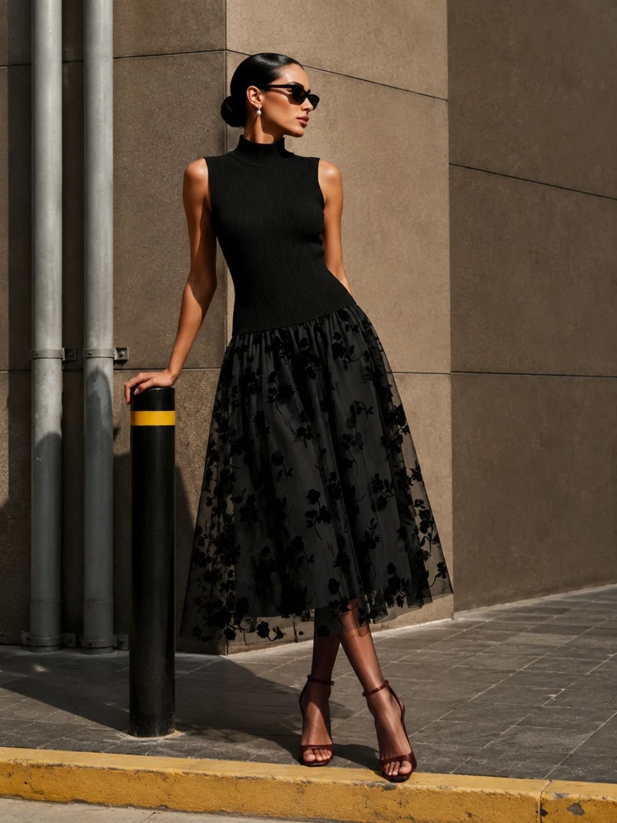 Addie | Flocked Knit High Neck Drop-Waist Sleeveless A-Line Maxi Dress