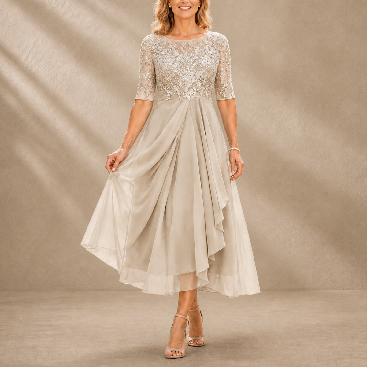 Victoria | Lace Bodice Draped Midi Dress