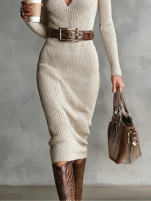 Clara Ribbed Knit V-Neck Dress with Belt