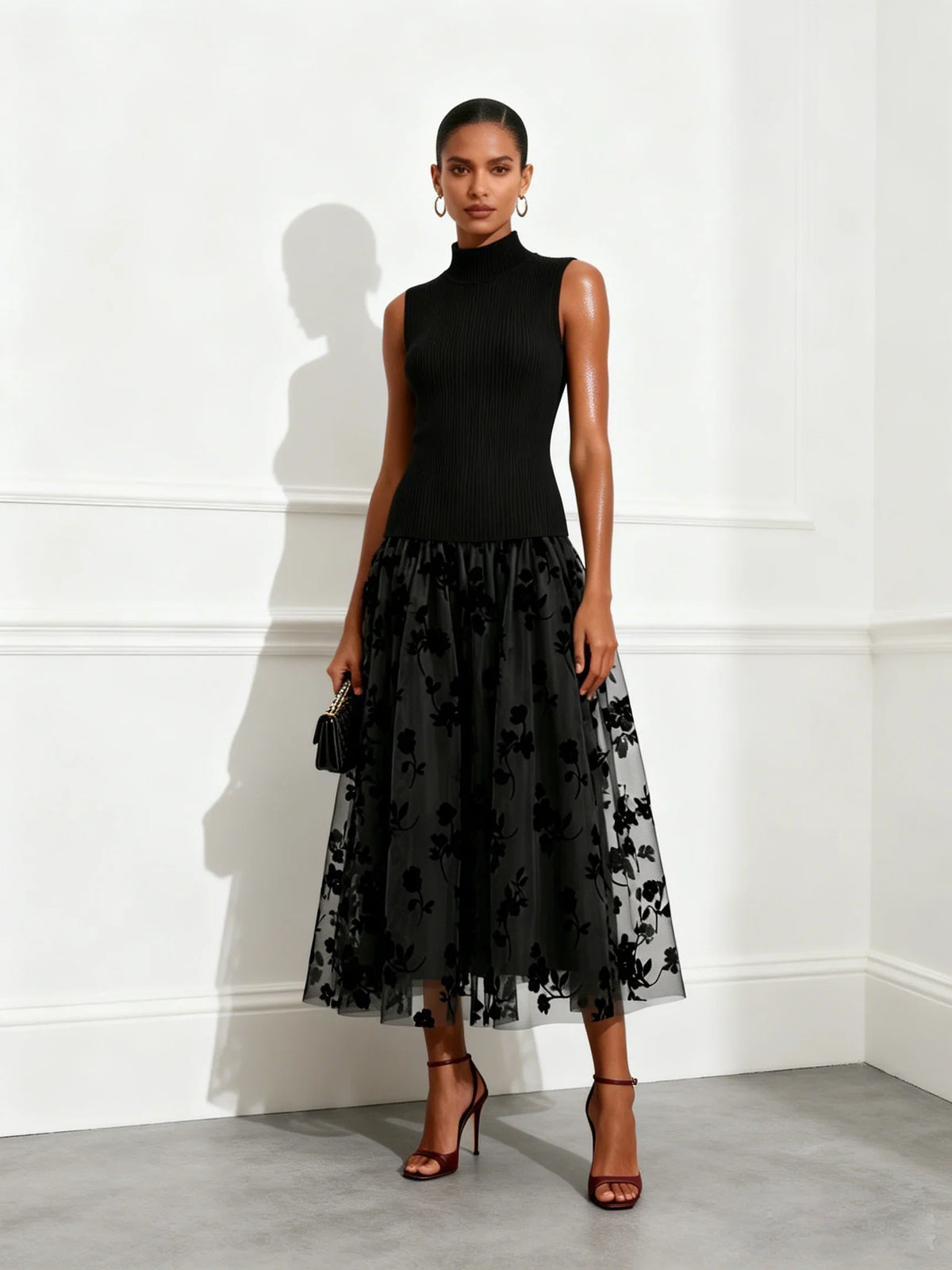 Addie | Flocked Knit High Neck Drop-Waist Sleeveless A-Line Maxi Dress