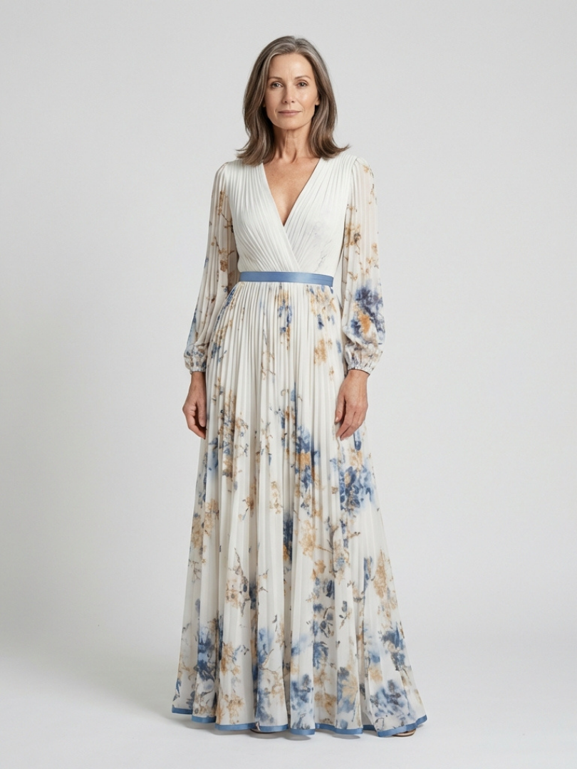Evangeline | Long Sleeve V Neck Floral Maxi Dress