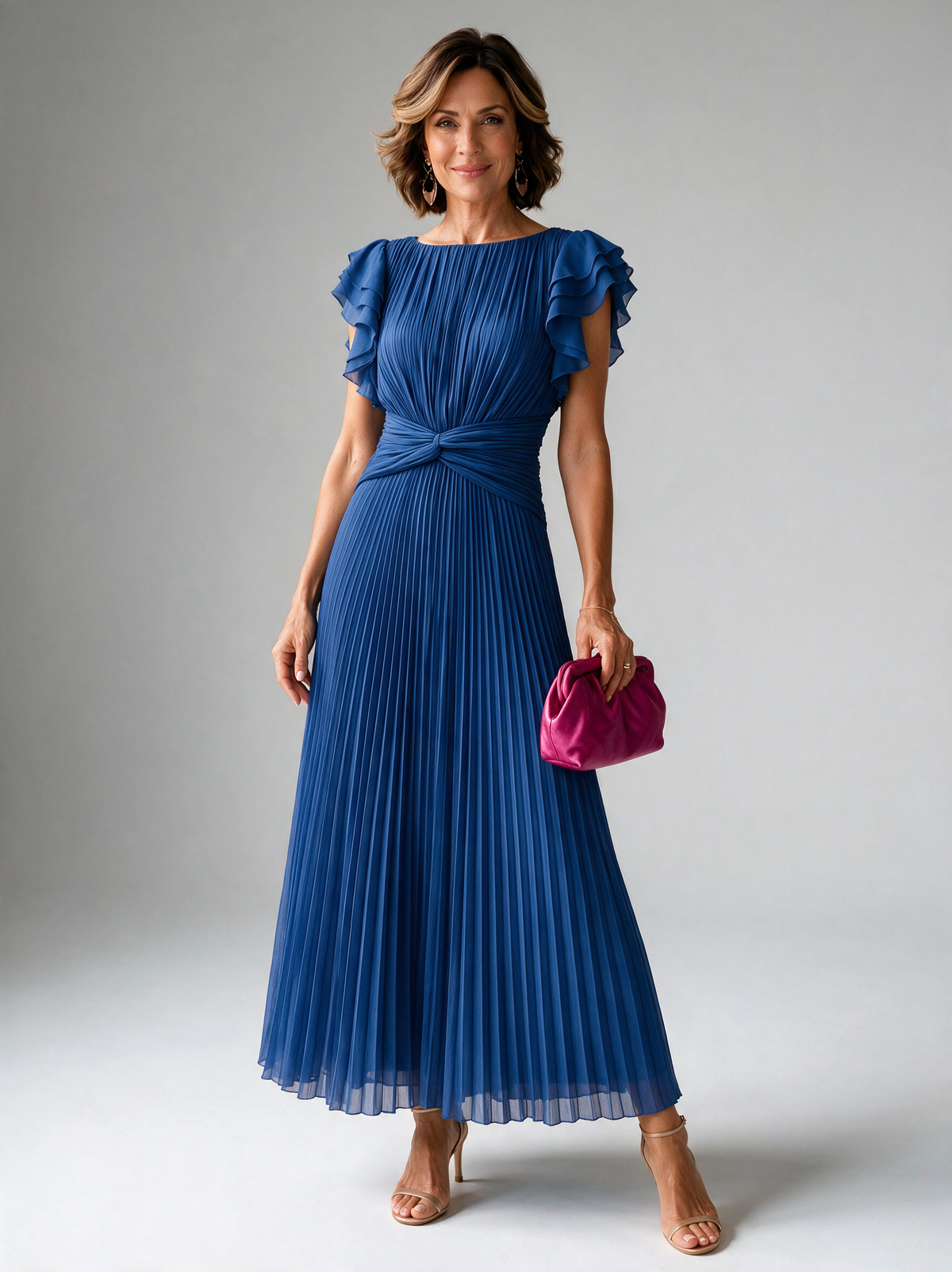 Neila | Pleated Flutter-Sleeve Maxi Dress