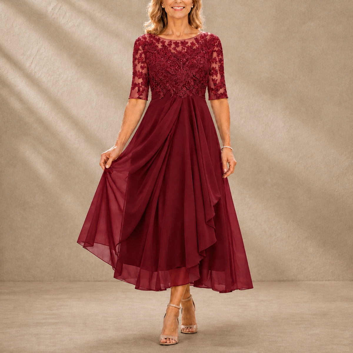 Victoria | Lace Bodice Draped Midi Dress