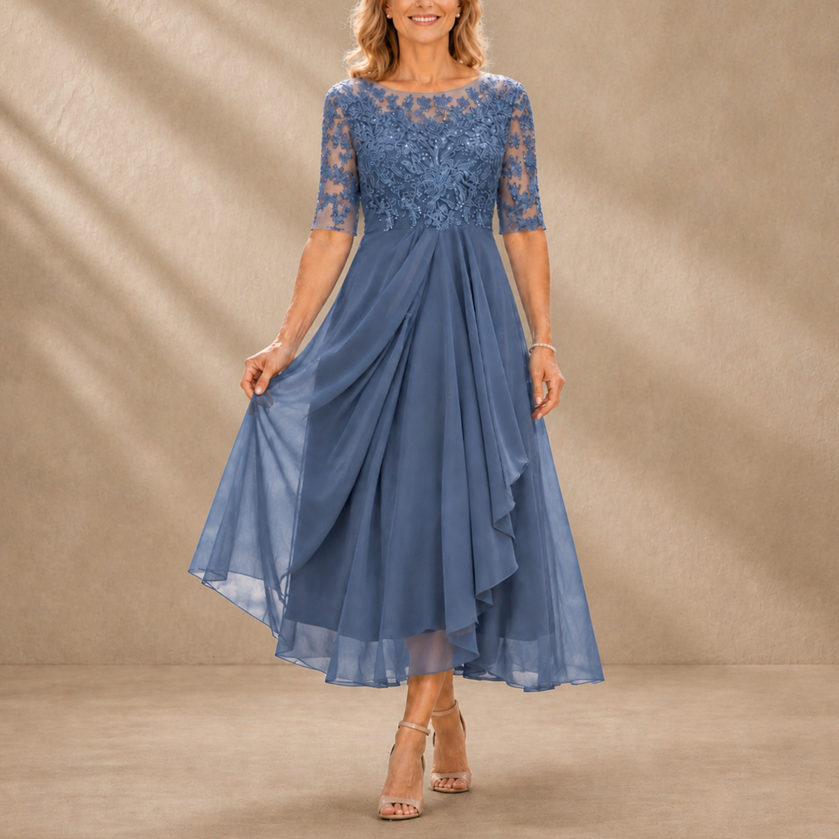 Victoria | Lace Bodice Draped Midi Dress