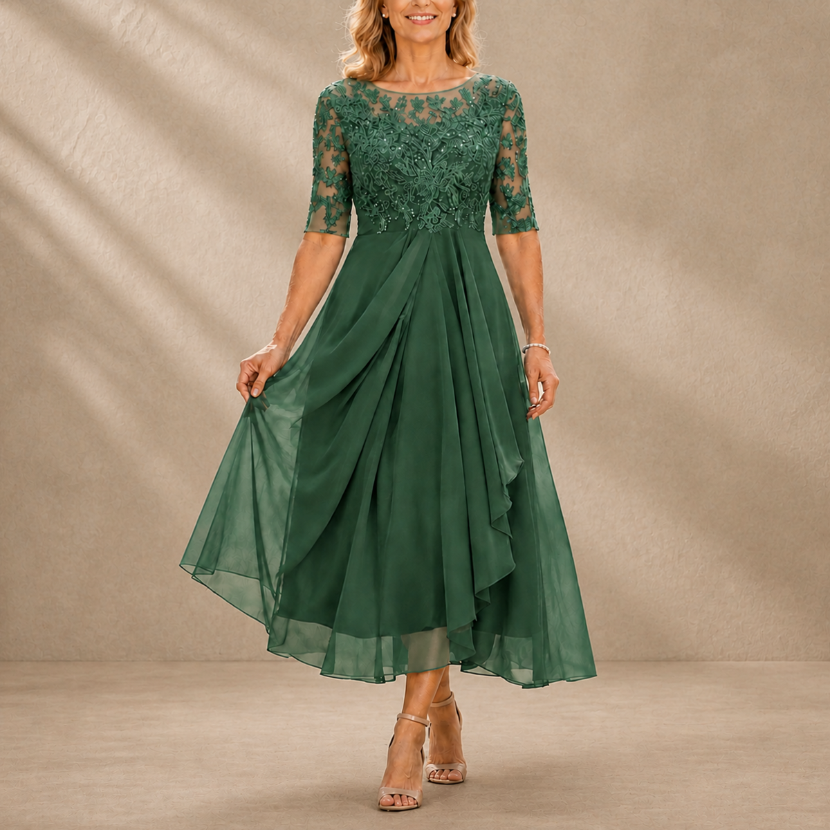 Victoria | Lace Bodice Draped Midi Dress