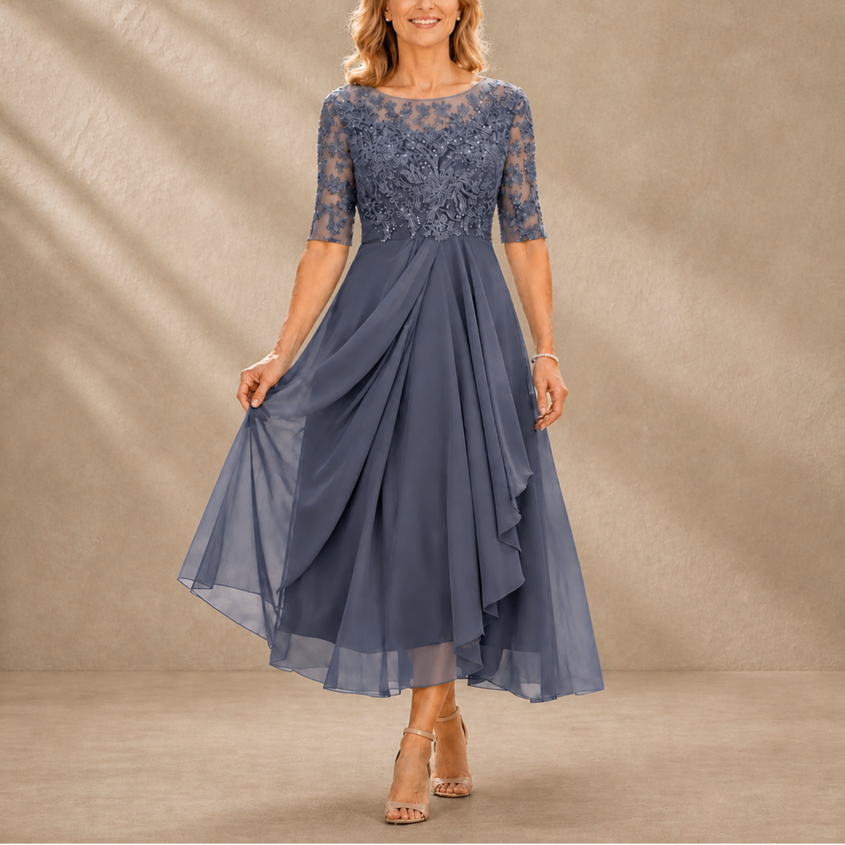 Victoria | Lace Bodice Draped Midi Dress