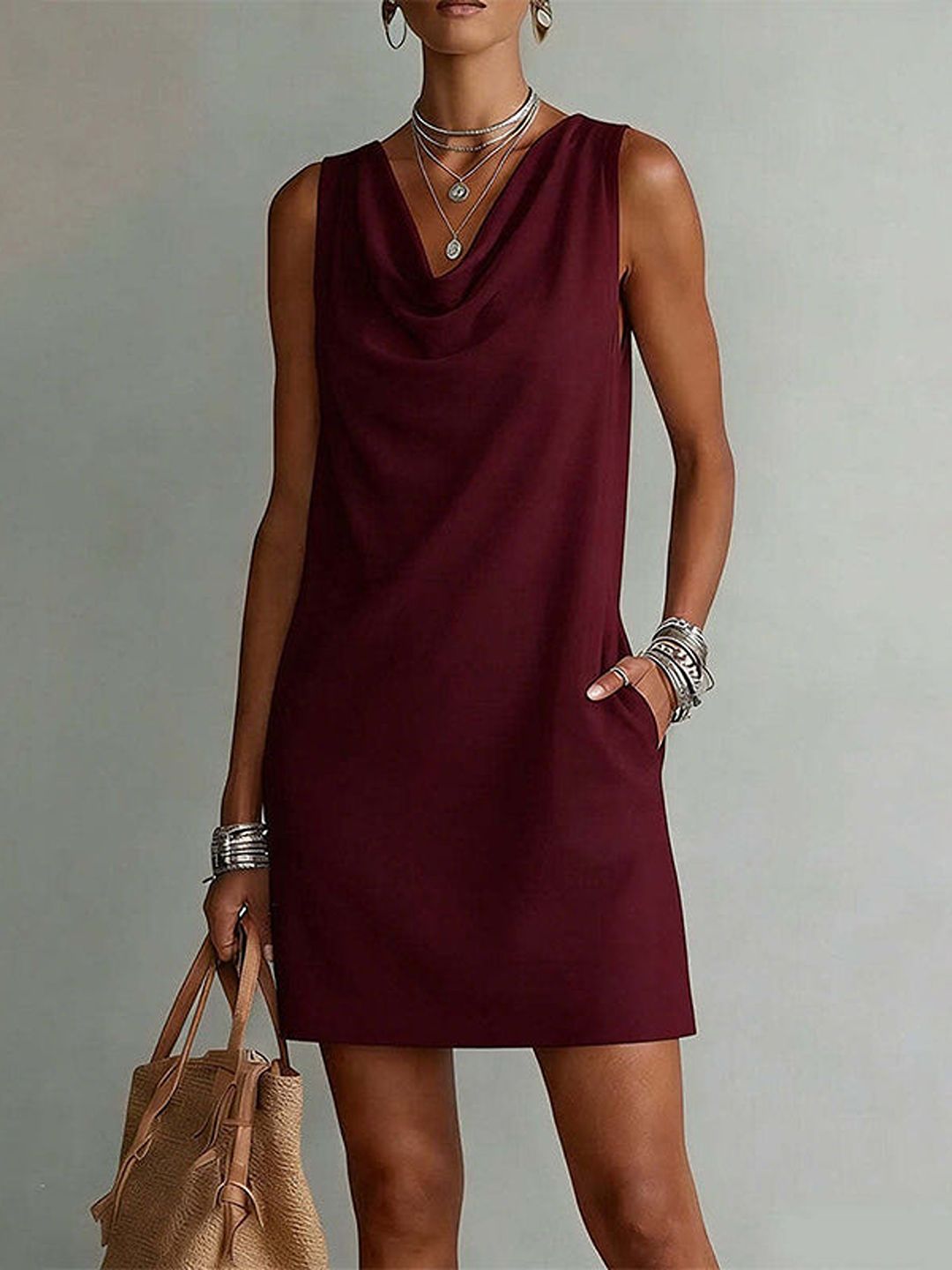 Valeria Sleeveless Cowl Neck Dress with Pockets